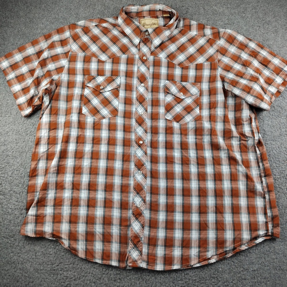 Wrangler Pearl Snap Button Up Shirt Mens 2XL Western Plaid Orange SS Rodeo